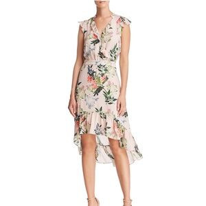 Parker brand floral midi dress with ruffles and a high-low hem